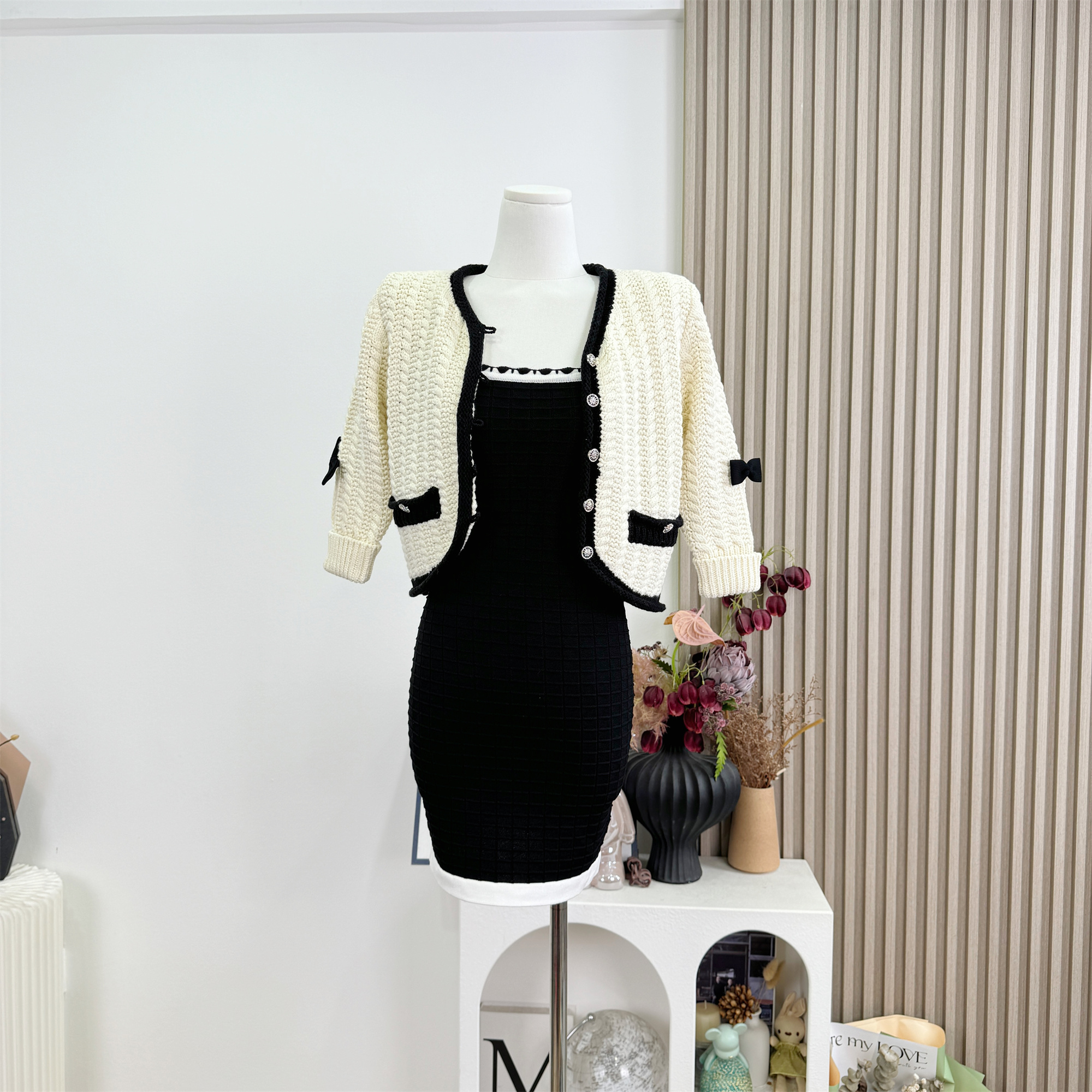 Chiarazz Black and White Two-Piece Knit Dress Set with Cardigan