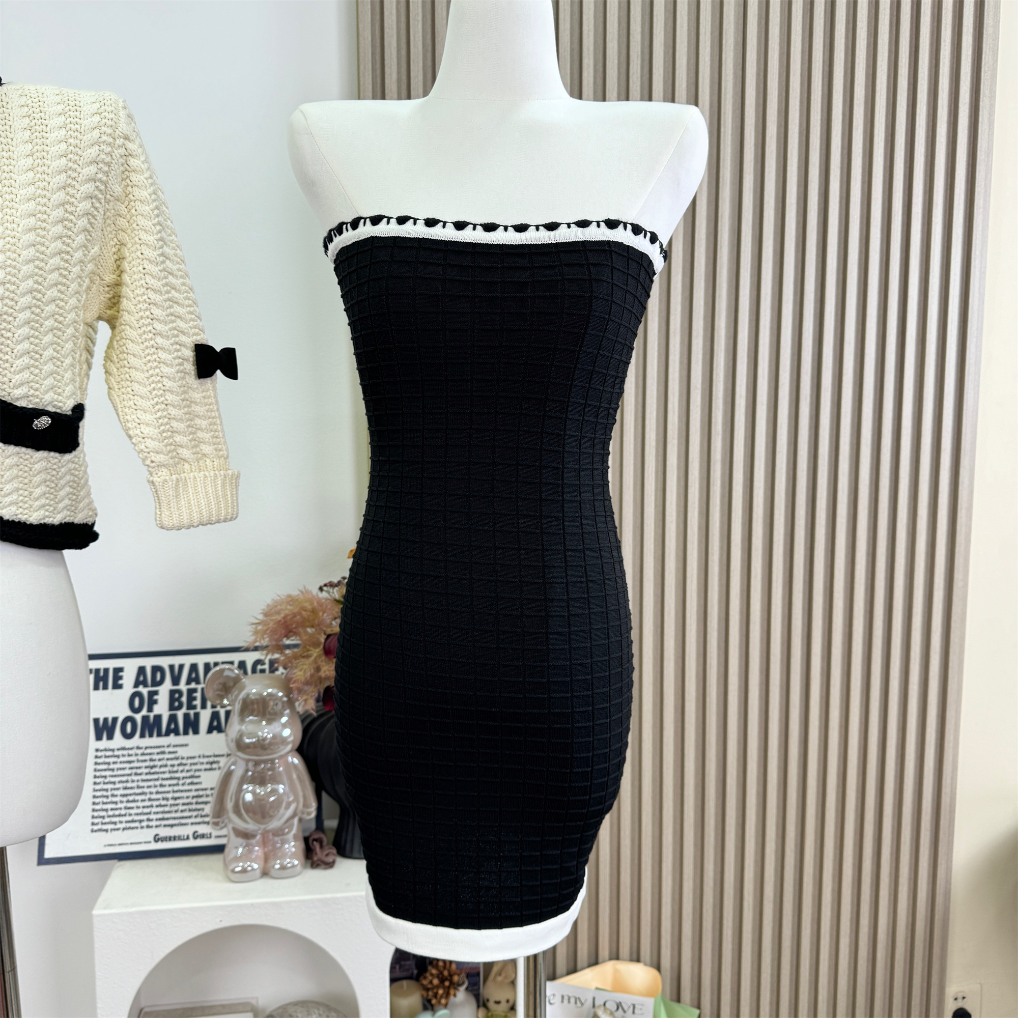 Chiarazz Black and White Two-Piece Knit Dress Set with Cardigan - Image 3