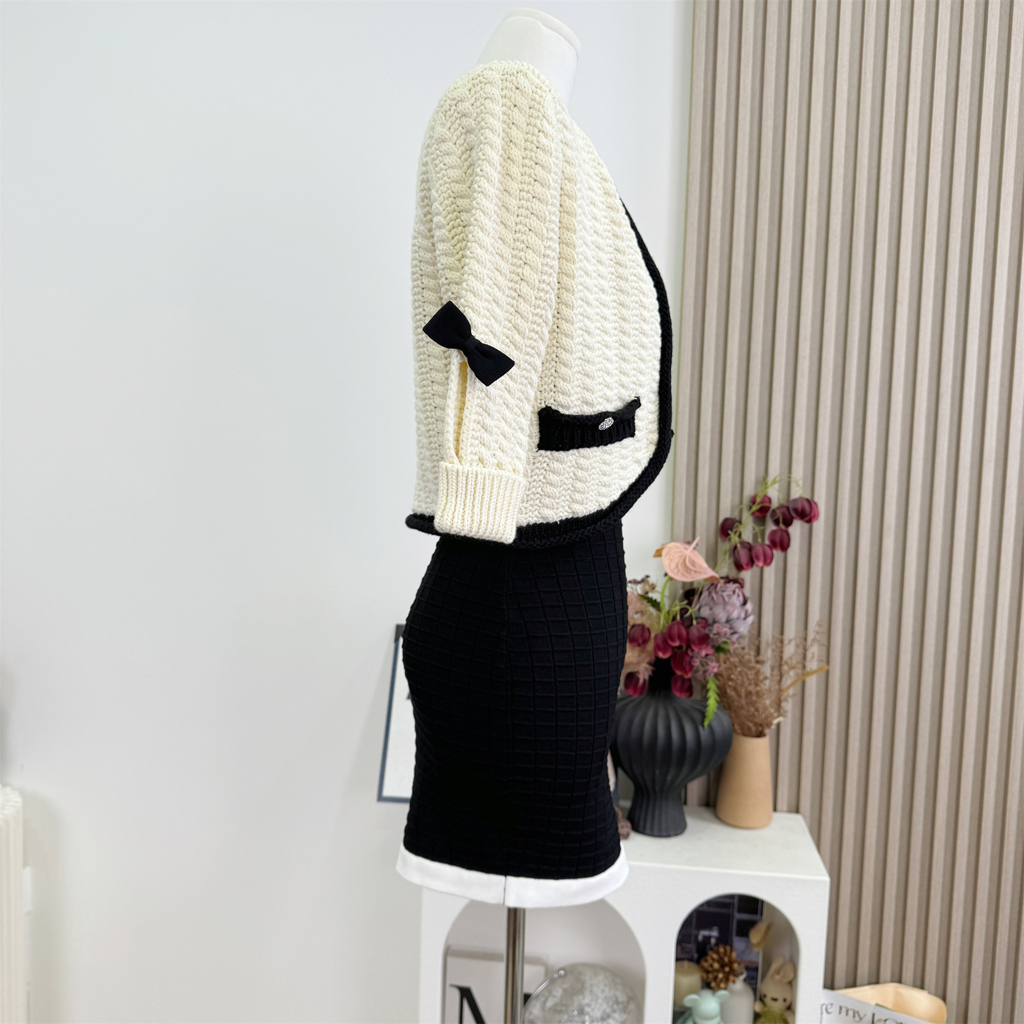 Chiarazz Black and White Two-Piece Knit Dress Set with Cardigan - Image 4