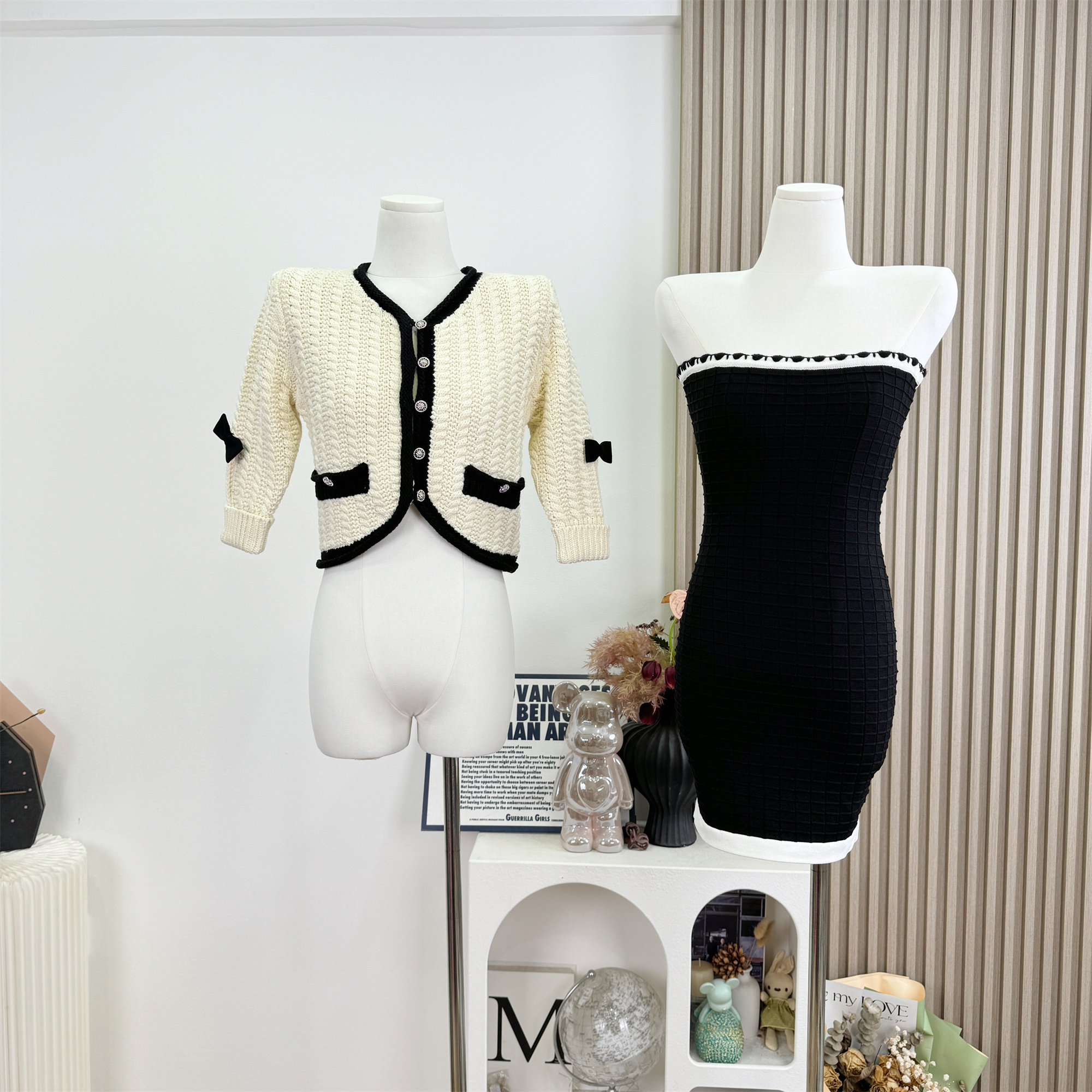 Chiarazz Black and White Two-Piece Knit Dress Set with Cardigan - Image 5