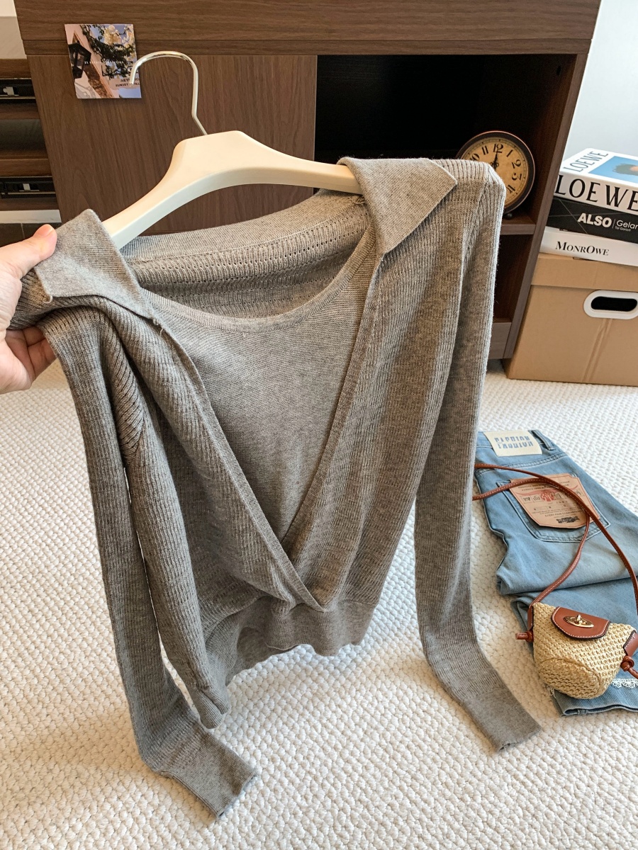 Designer Mist Grey Faux Two-Piece Shoulder Color-Block Knit Women's Early Autumn Old Money V-Neck Layering Long-Sleeve Top