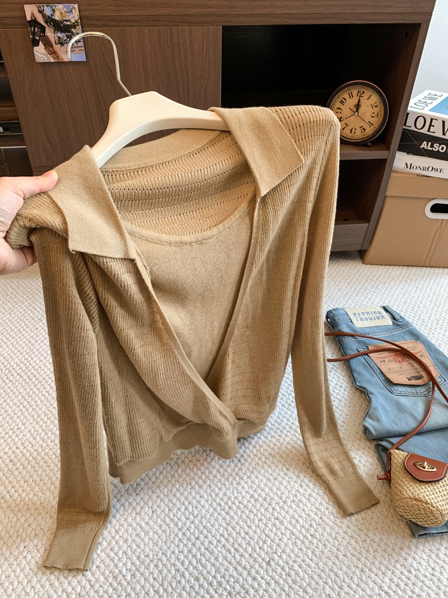 Designer Mist Grey Faux Two-Piece Shoulder Color-Block Knit Women's Early Autumn Old Money V-Neck Layering Long-Sleeve Top - Image 2
