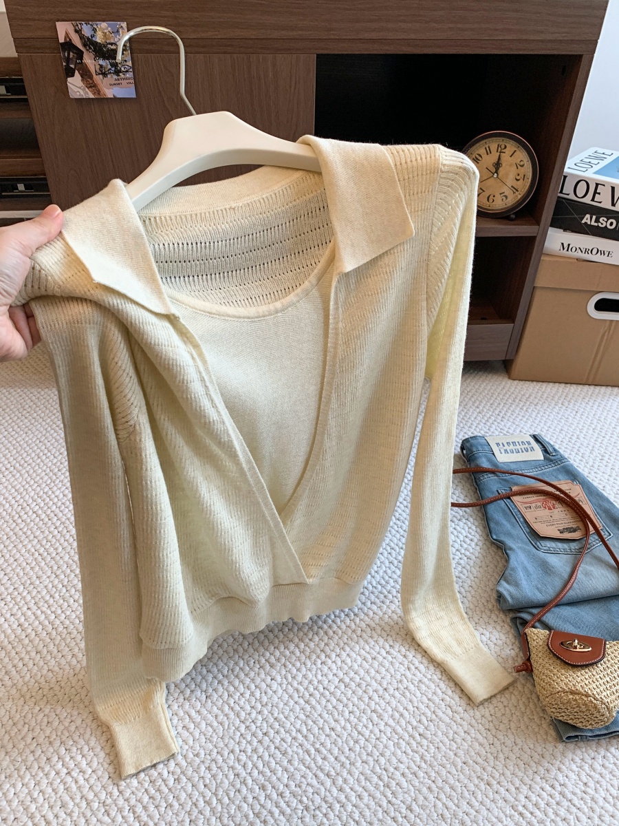 Designer Mist Grey Faux Two-Piece Shoulder Color-Block Knit Women's Early Autumn Old Money V-Neck Layering Long-Sleeve Top - Image 3