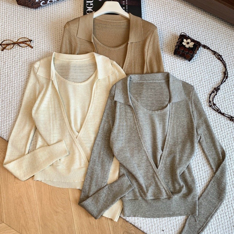 Designer Mist Grey Faux Two-Piece Shoulder Color-Block Knit Women's Early Autumn Old Money V-Neck Layering Long-Sleeve Top - Image 5