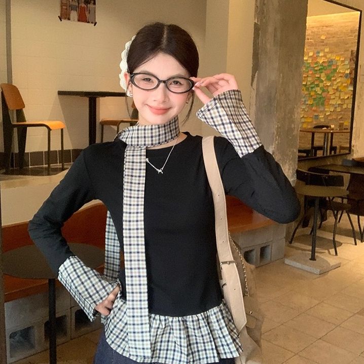 Elegant Faux Two-Piece Plaid Women's T-Shirt Slim Fit Long Sleeve Top - Image 3