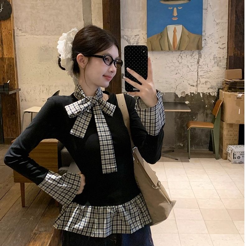 Elegant Faux Two-Piece Plaid Women's T-Shirt Slim Fit Long Sleeve Top - Image 4