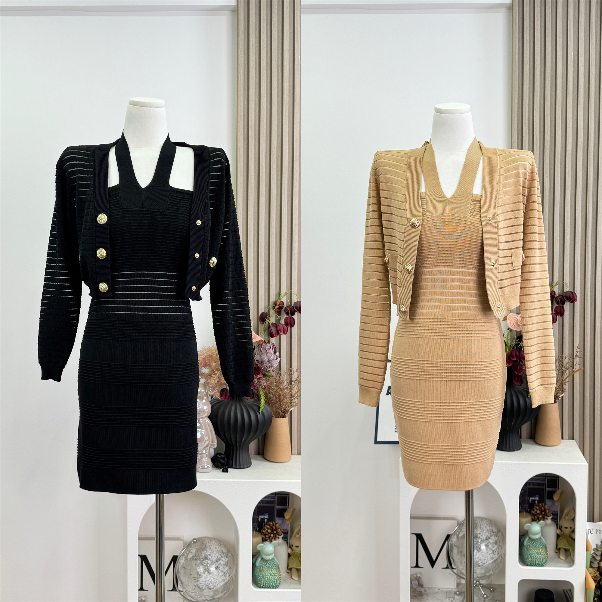 Elegant Openwork Striped Knit Cardigan and Cami Bodycon Dress Two-Piece Set