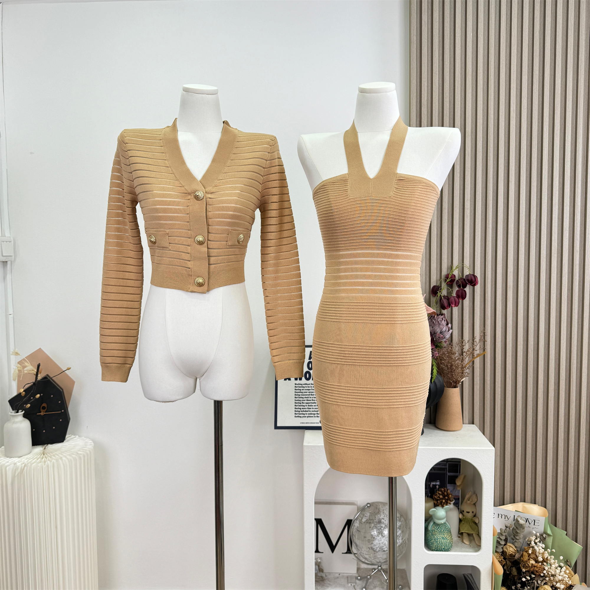 Elegant Openwork Striped Knit Cardigan and Cami Bodycon Dress Two-Piece Set - Image 3