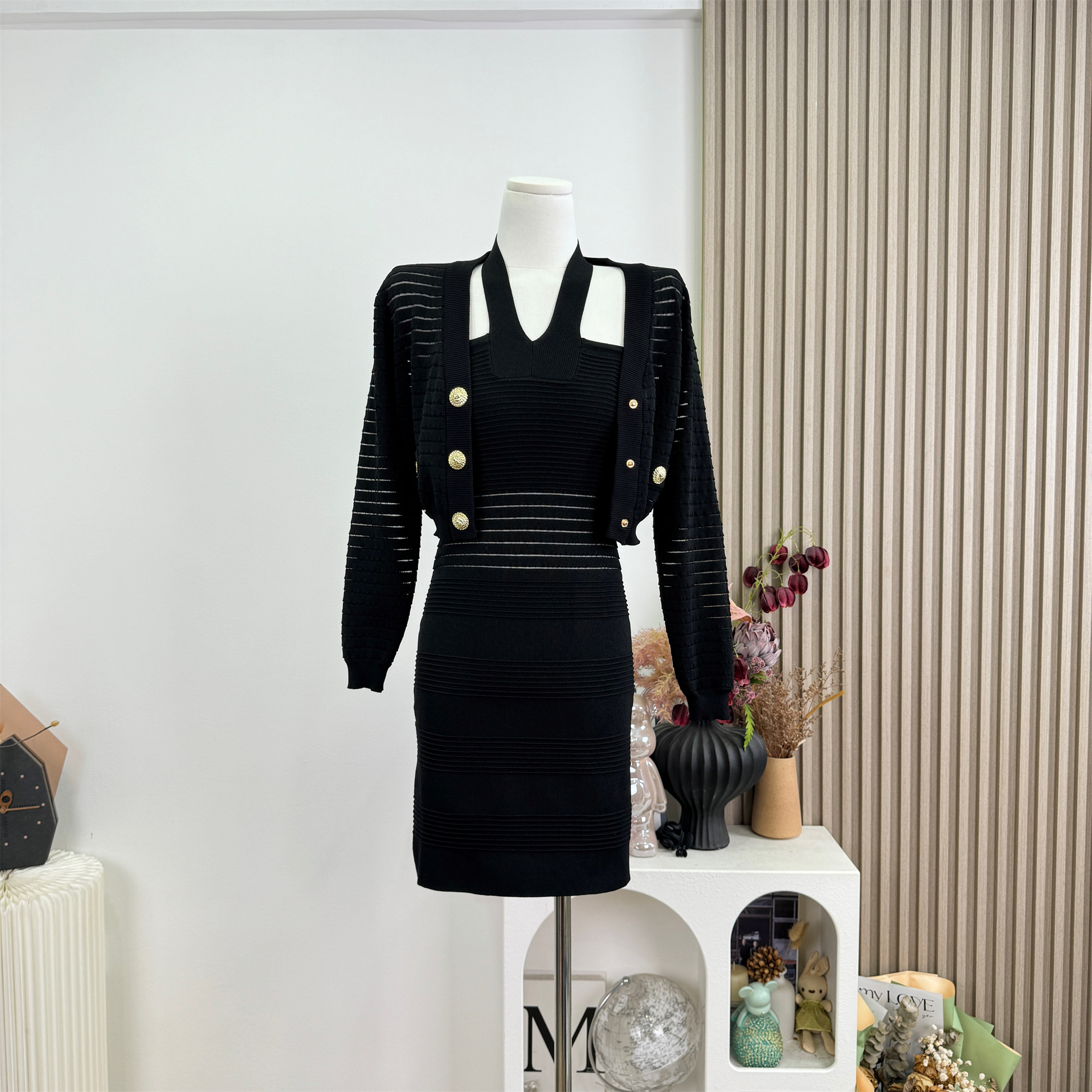 Elegant Openwork Striped Knit Cardigan and Cami Bodycon Dress Two-Piece Set - Image 4