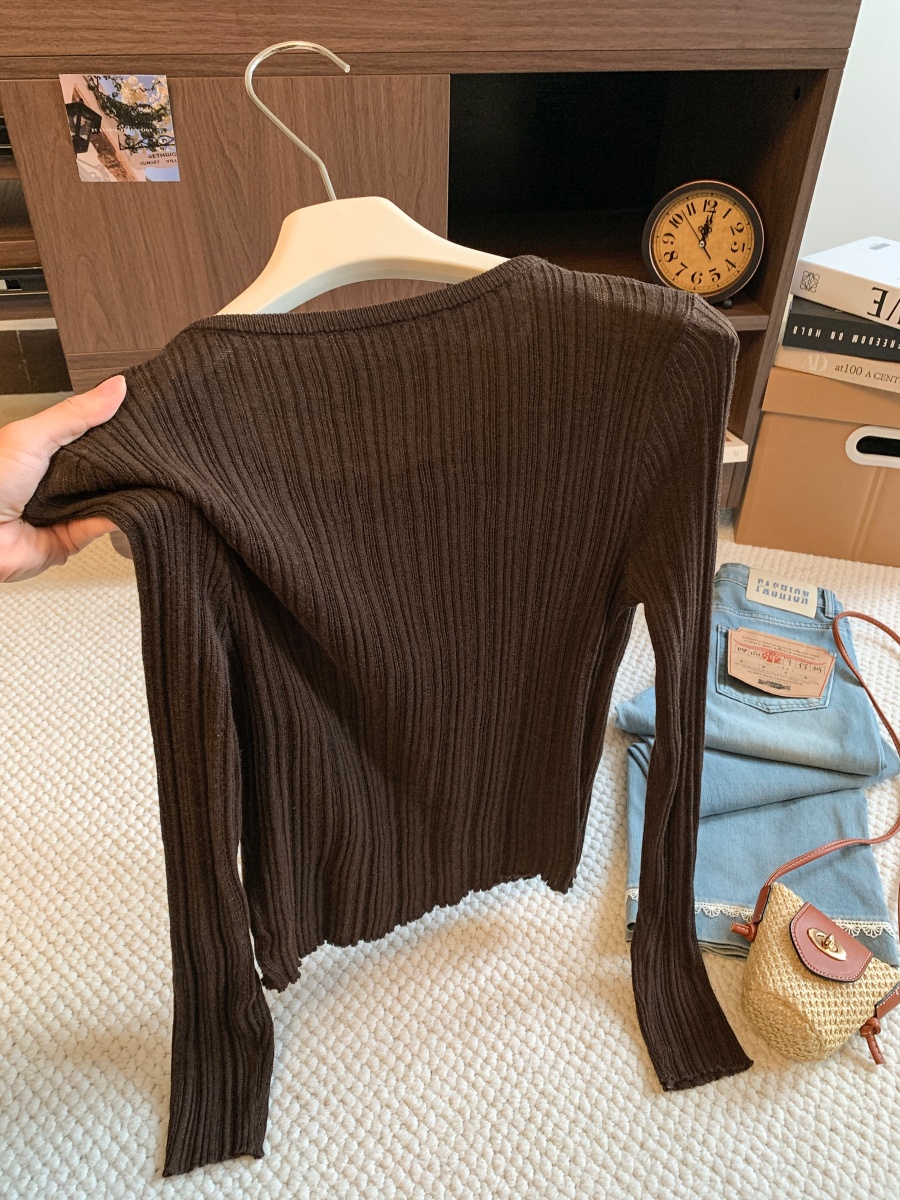 Elegant Retro Slim Fit Long Sleeve Knit Cardigan Women 2026 Autumn Round Neck Base Layer Top - Image 3