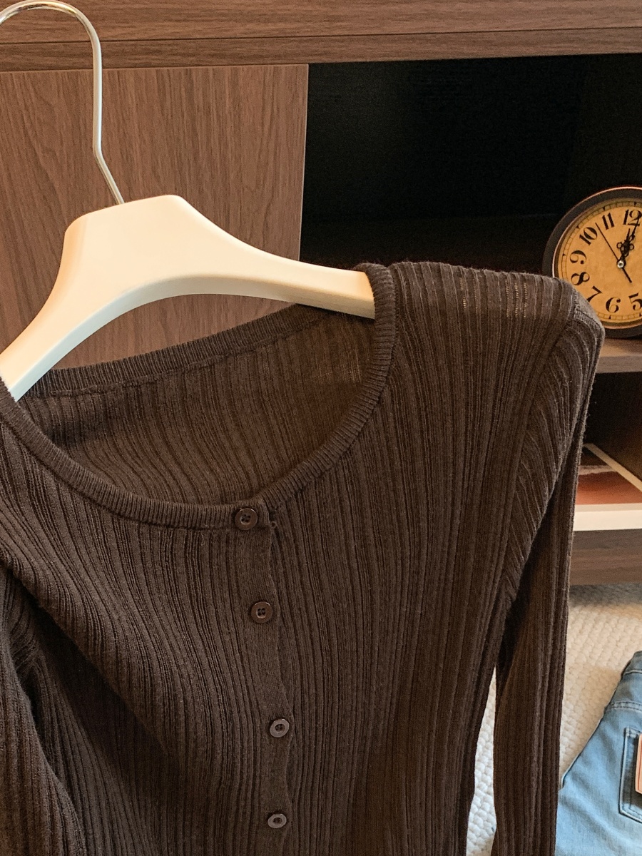 Elegant Retro Slim Fit Long Sleeve Knit Cardigan Women 2026 Autumn Round Neck Base Layer Top - Image 4