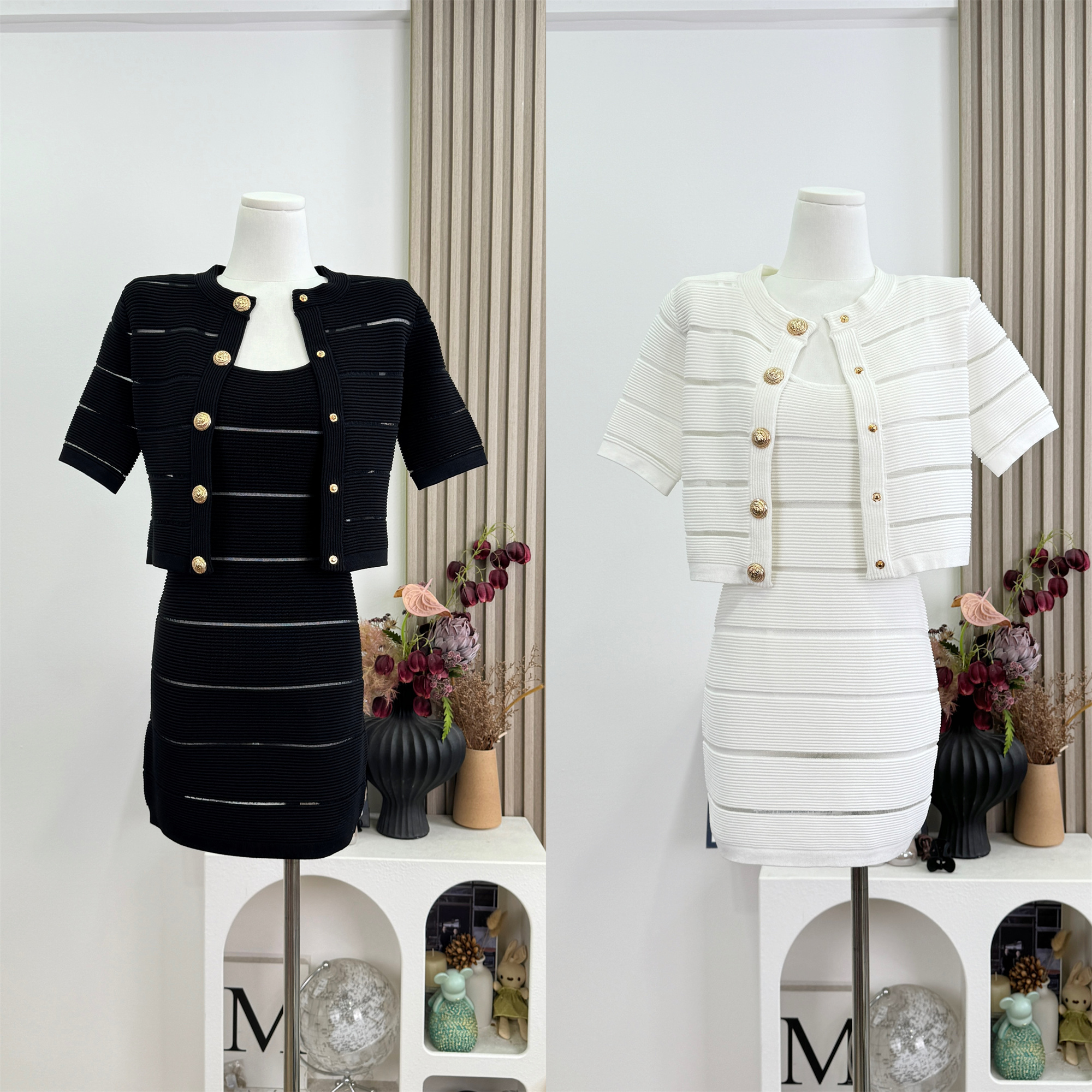 FAY Double Impression Light Mature Style Mid Sleeve Knit Chiffon Cami Dress and Jacket Set