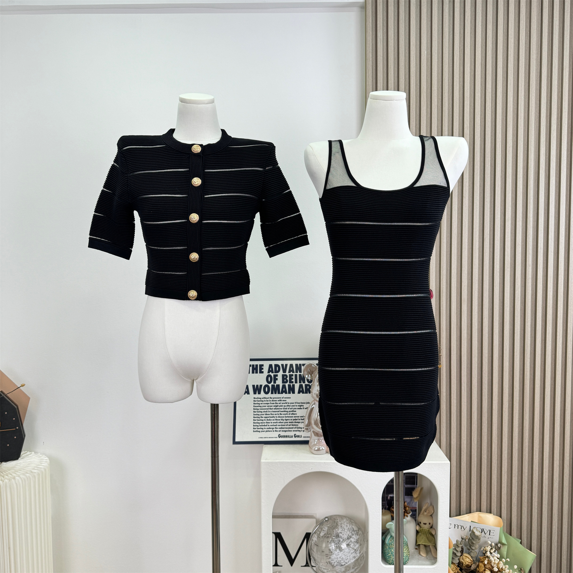 FAY Double Impression Light Mature Style Mid Sleeve Knit Chiffon Cami Dress and Jacket Set - Image 2