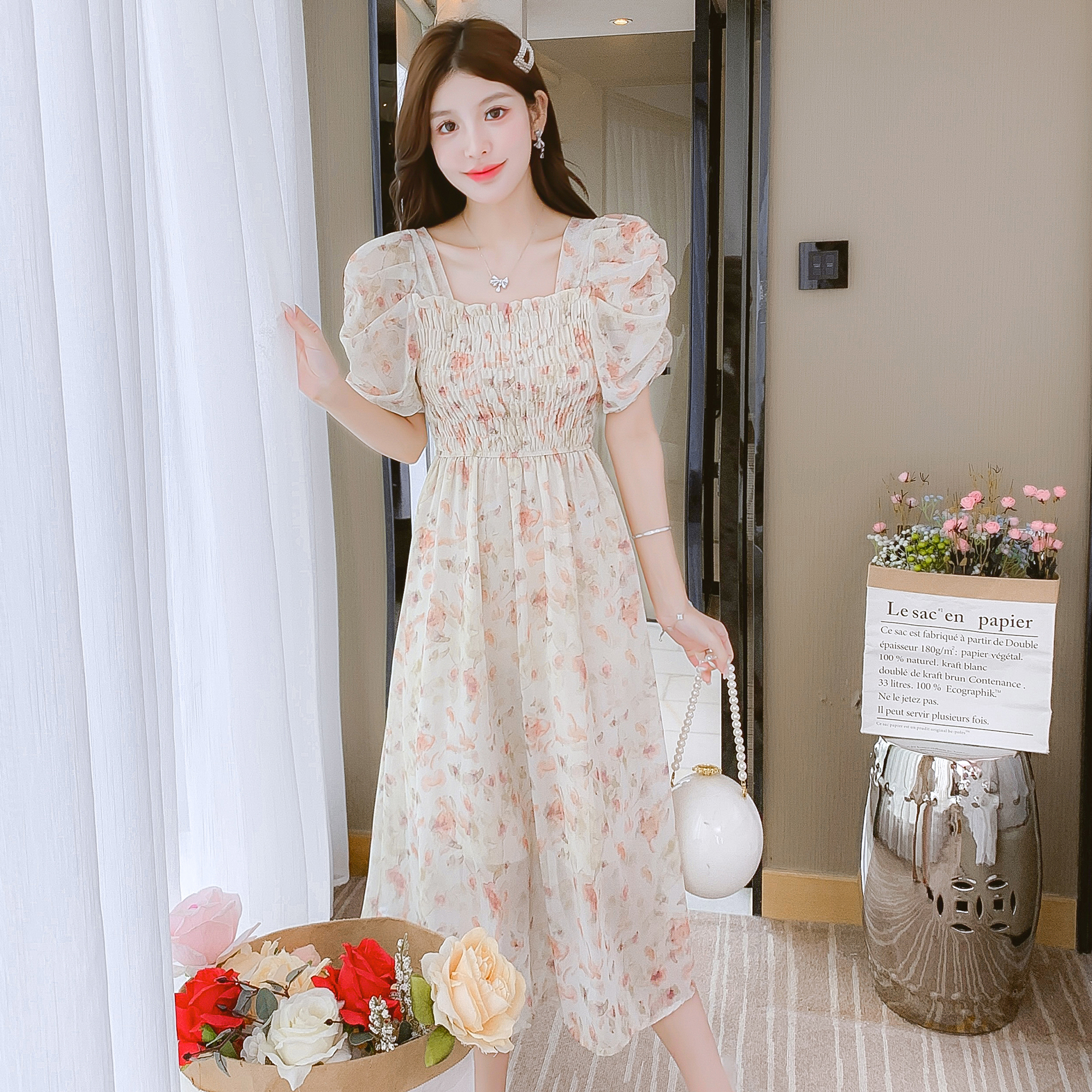Floral Print Short Sleeve French Style Waist Cinched Slimming Midi Dress for Petite Women Summer 2025