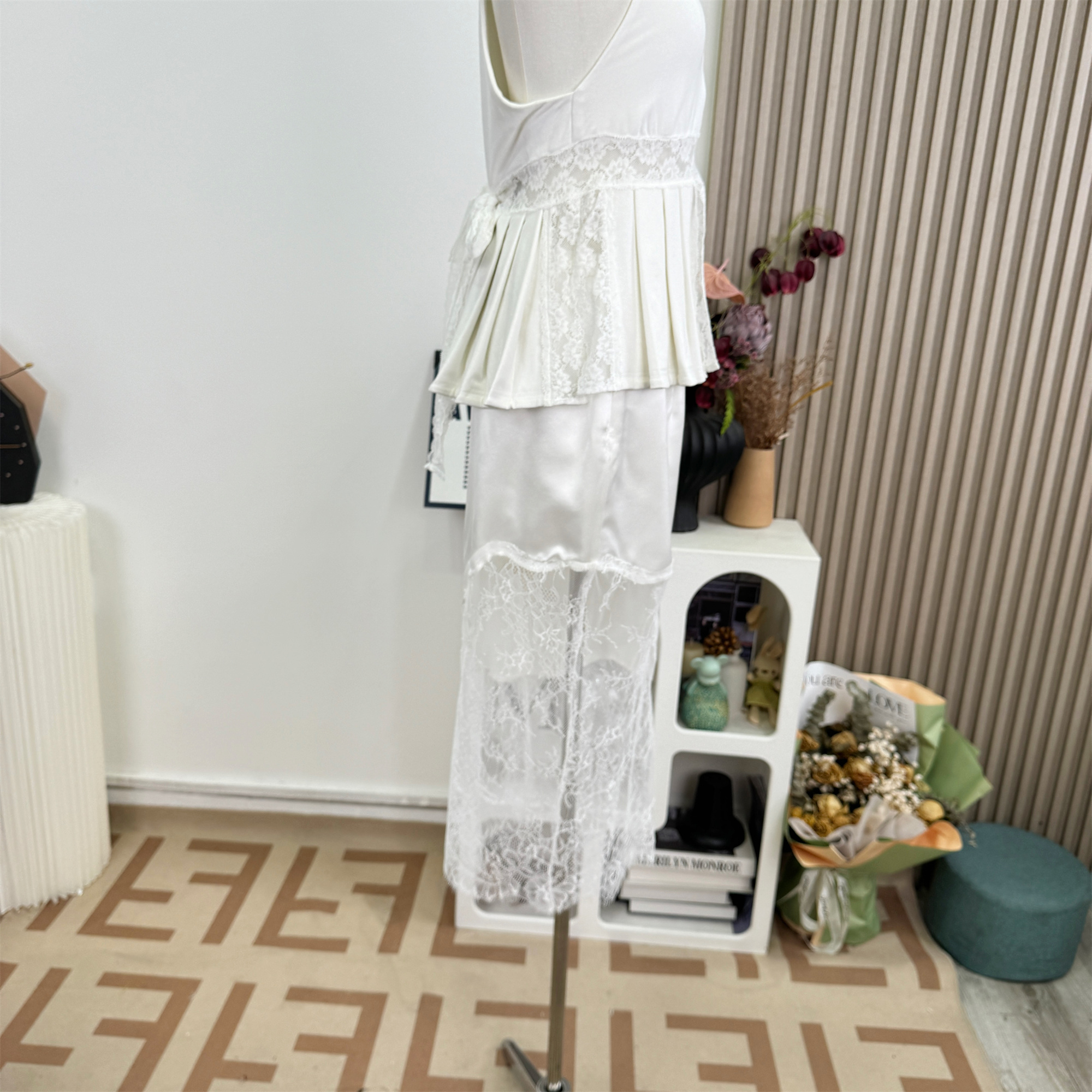 French Style Satin Lace Patchwork Acetate Skirt for Women - Image 3