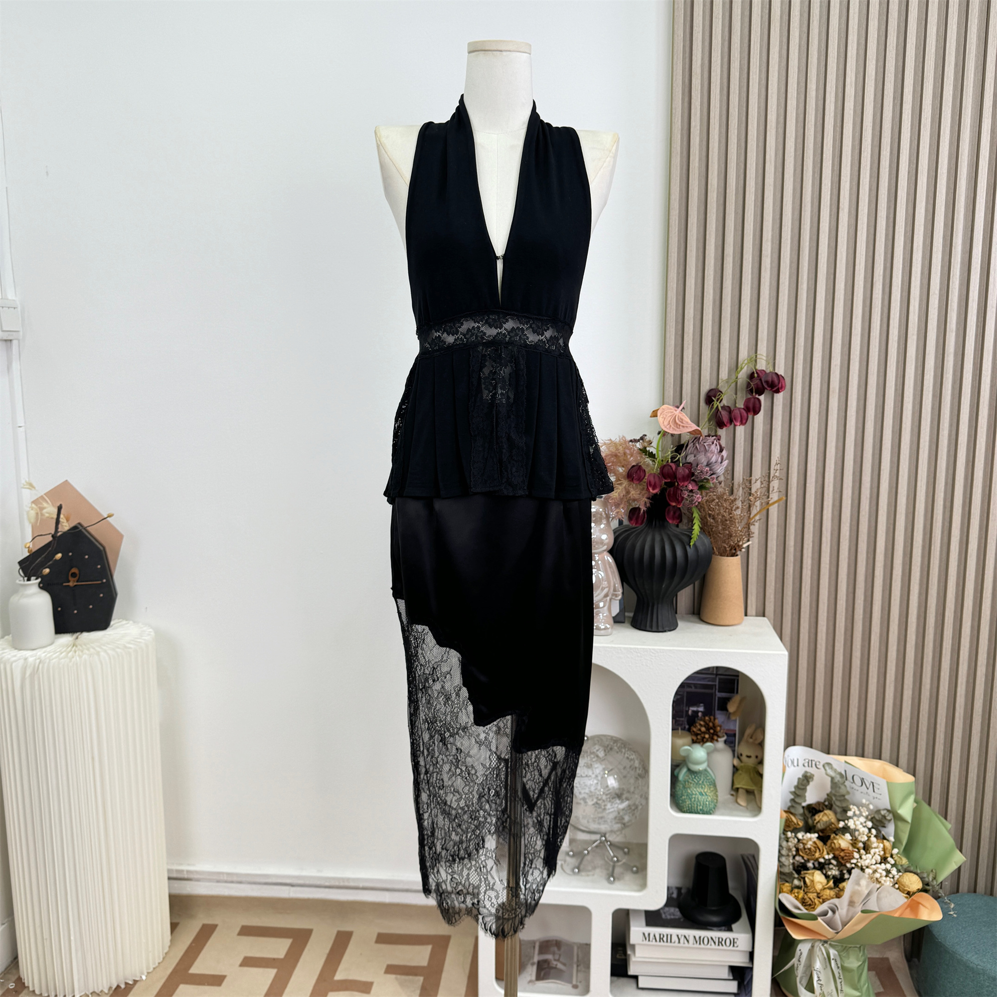 French Style Satin Lace Patchwork Acetate Skirt for Women - Image 4