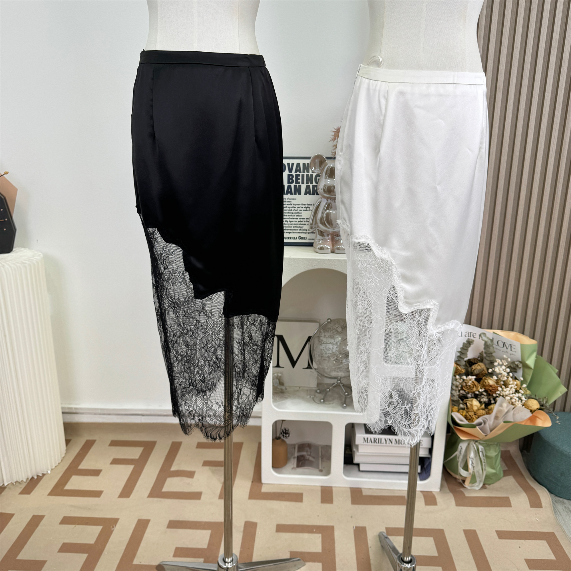 French Style Satin Lace Patchwork Acetate Skirt for Women - Image 5