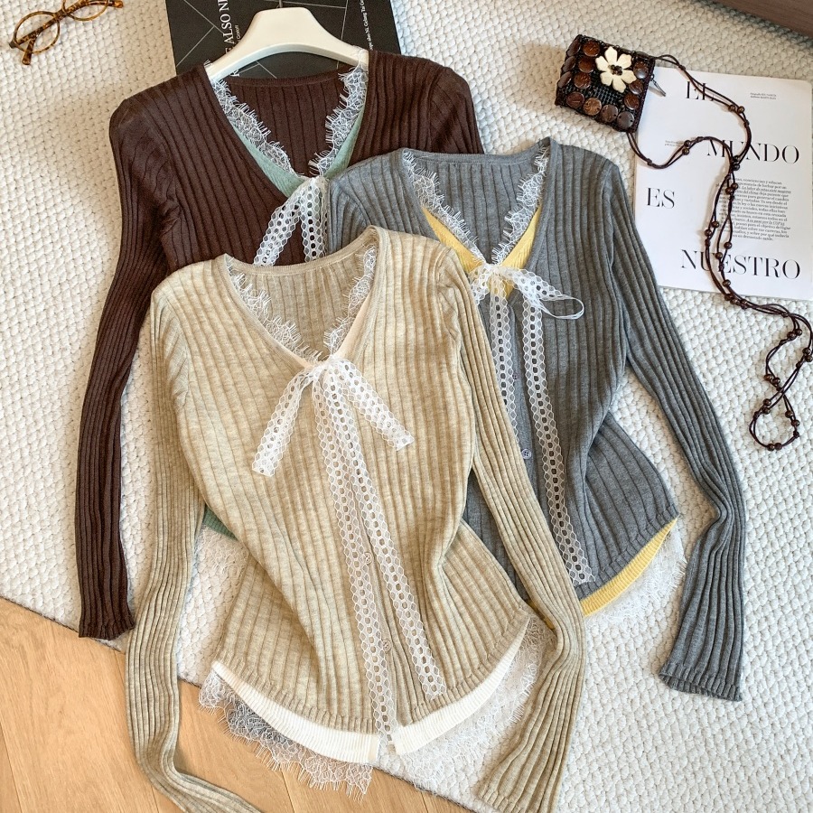 Korean Style Lace Bow Fake Two-Piece V-Neck Knit Top for Women Slim Fit Long Sleeve Base Layer - Image 5
