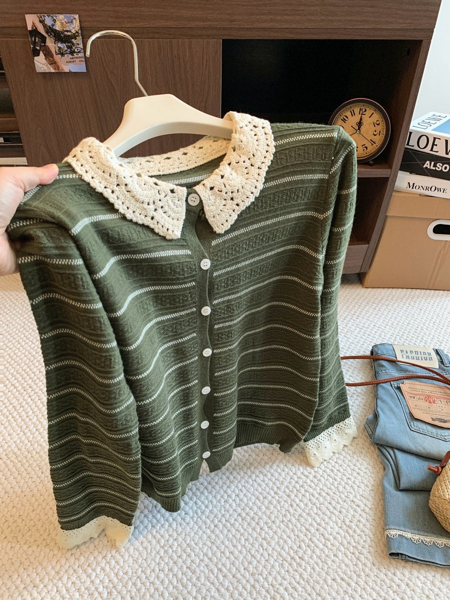 Korean Style Lace Trim Striped Knit Cardigan for Women 2026 Early Autumn Slimming Skin-Friendly Open Front Top
