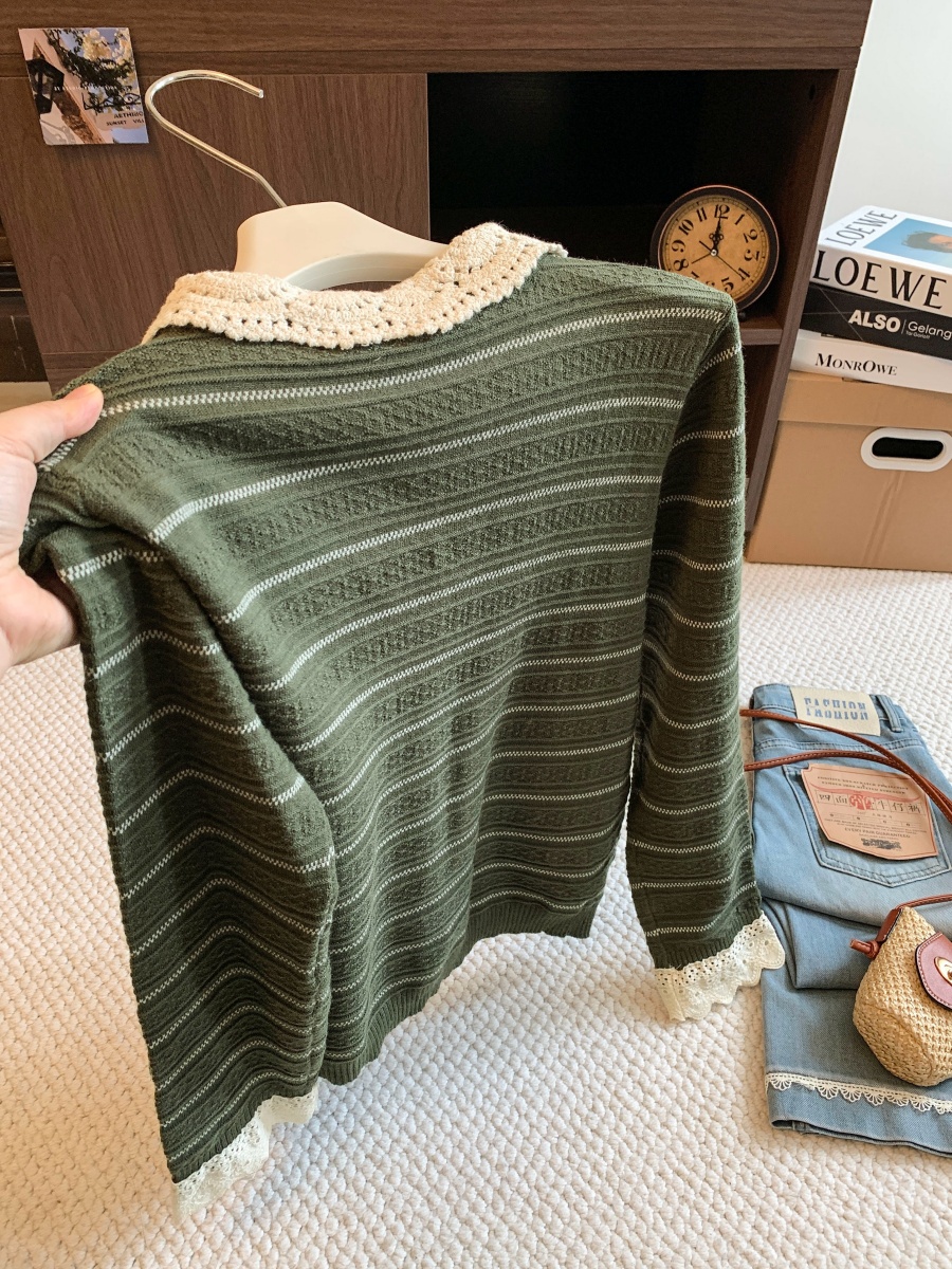 Korean Style Lace Trim Striped Knit Cardigan for Women 2026 Early Autumn Slimming Skin-Friendly Open Front Top - Image 4