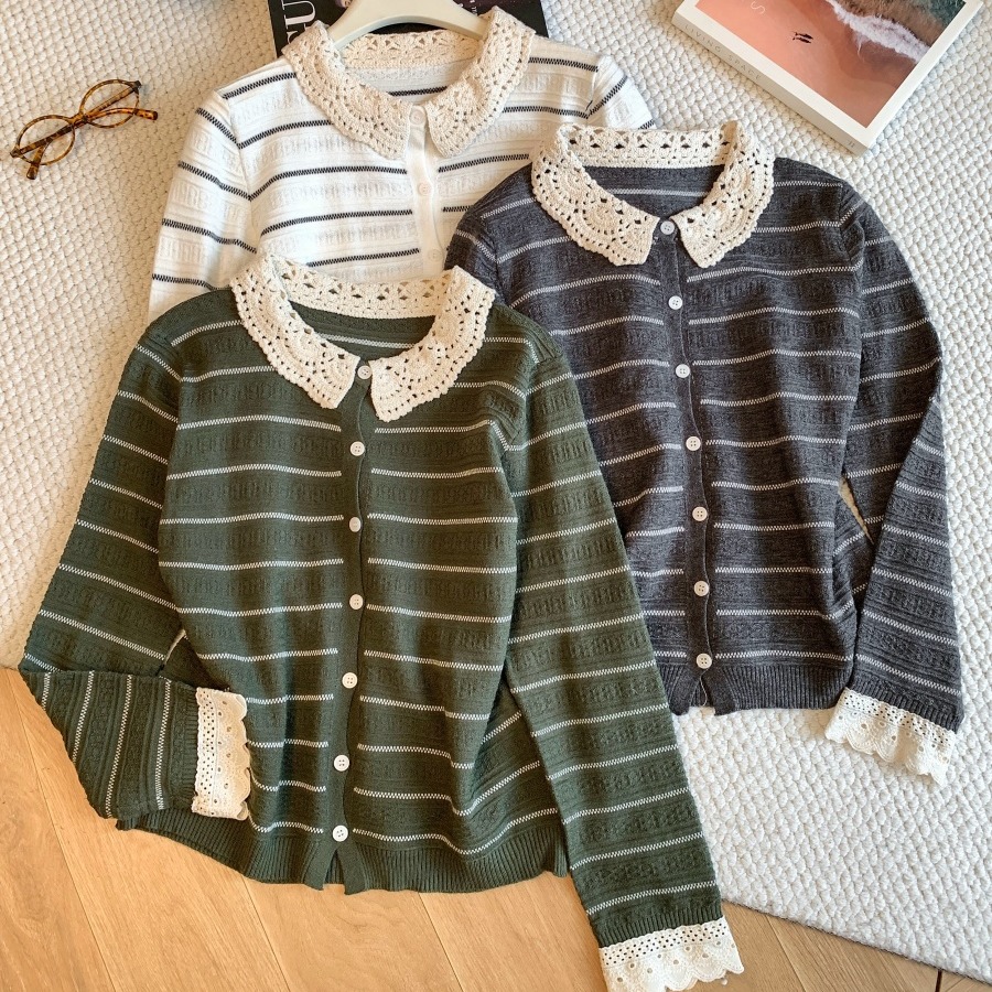 Korean Style Lace Trim Striped Knit Cardigan for Women 2026 Early Autumn Slimming Skin-Friendly Open Front Top - Image 5