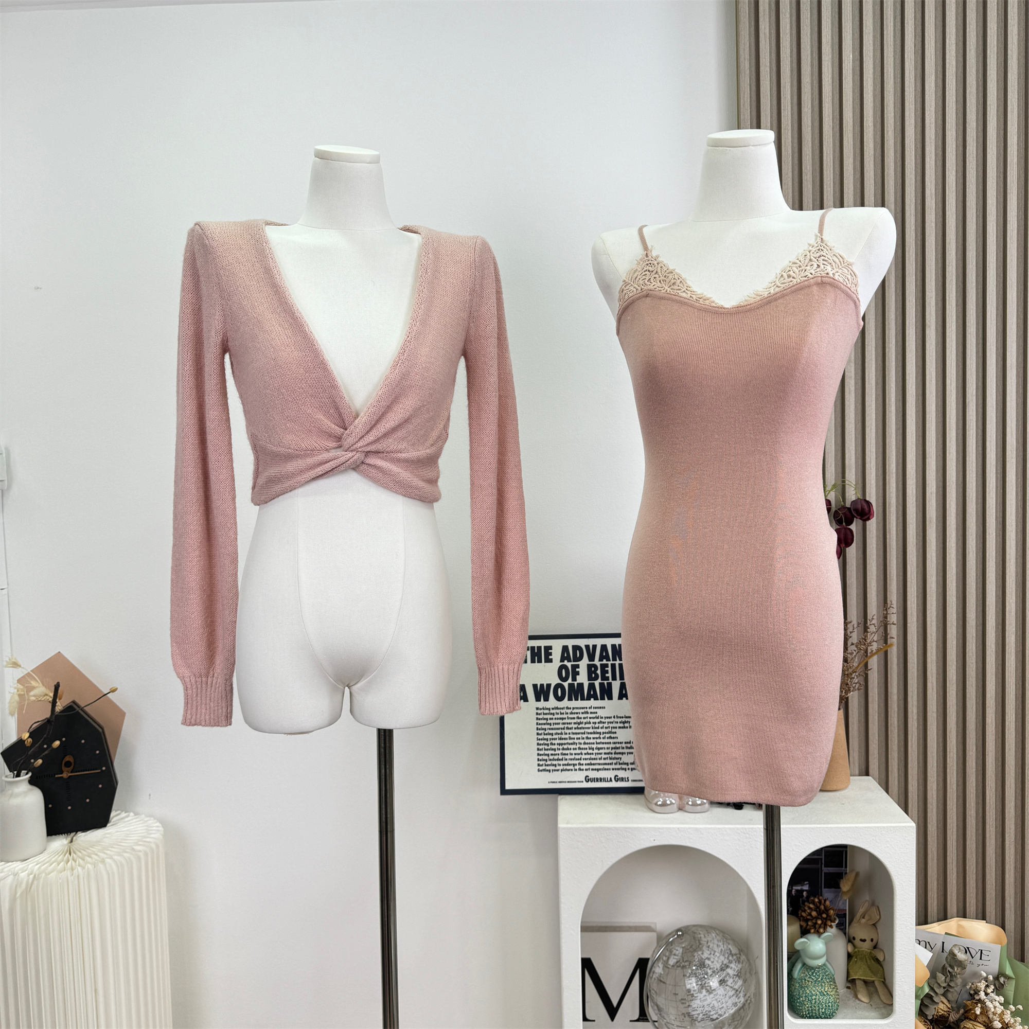 Lace Two-Piece Cami Dress Set for Women Pink Knit - Image 2