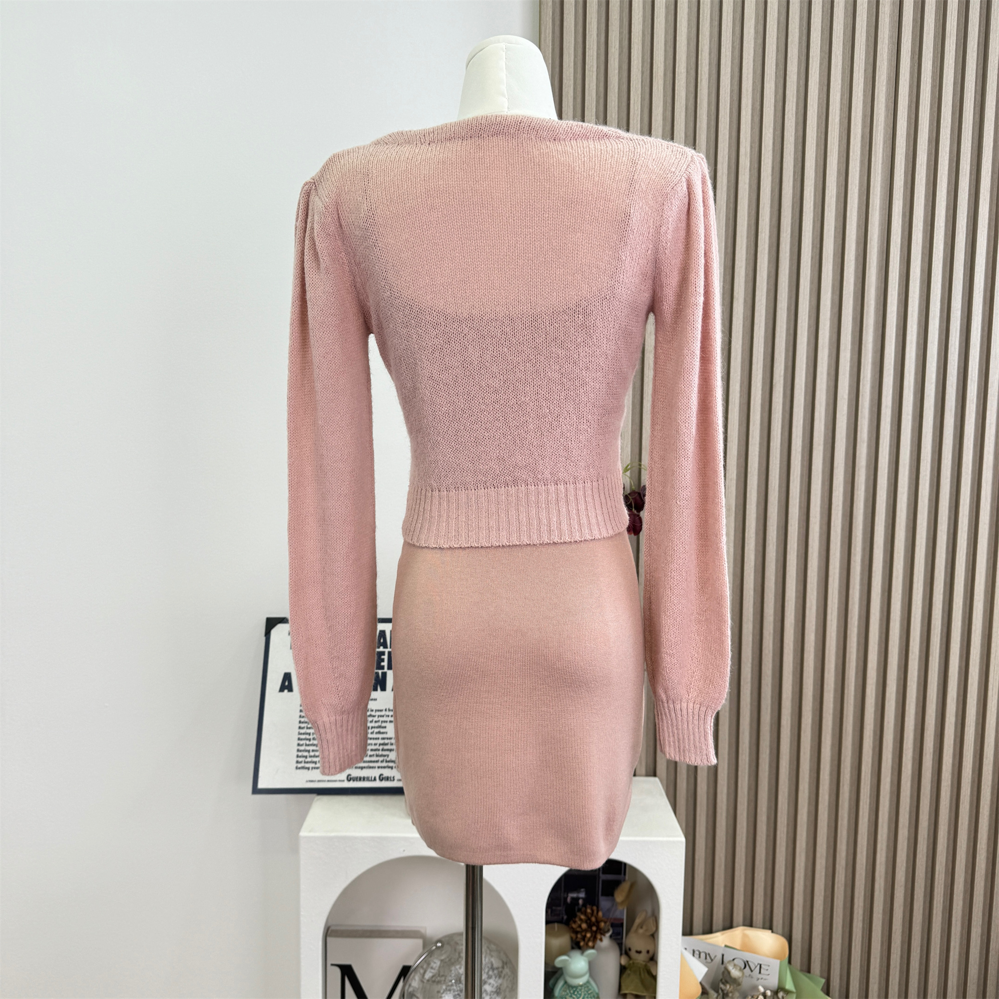 Lace Two-Piece Cami Dress Set for Women Pink Knit - Image 4
