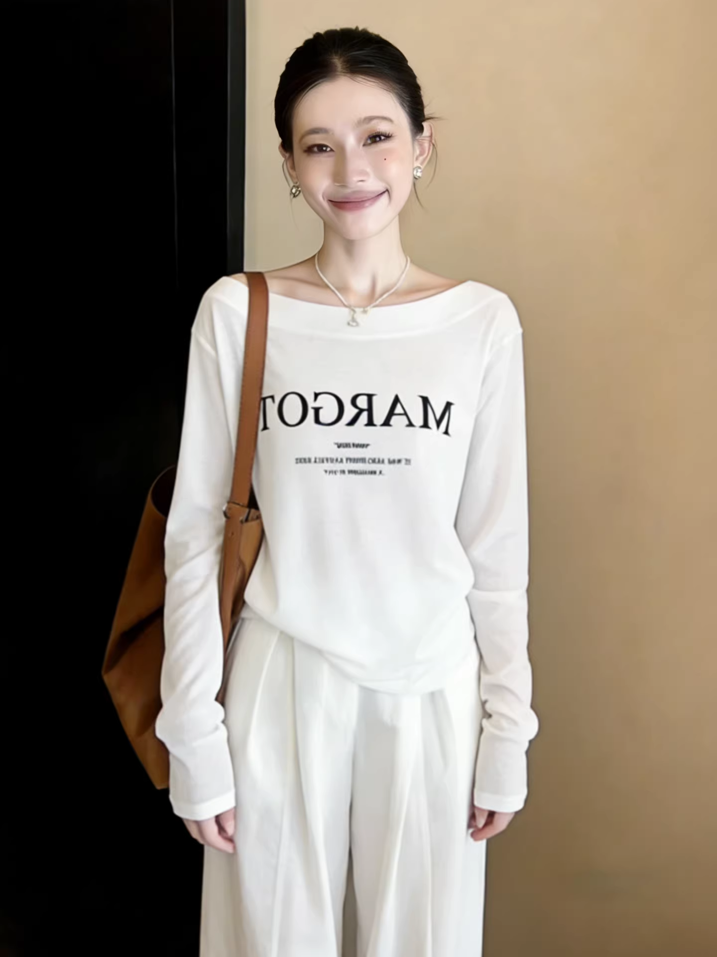 Letter Print One-Shoulder Long Sleeve T-Shirt for Women Spring Loose Sun Protection Top