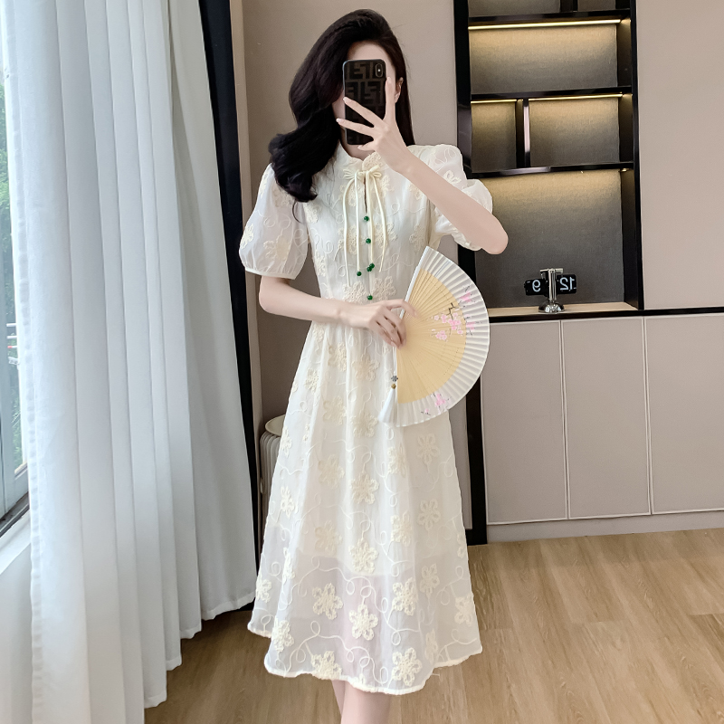 New Chinese Style Stand Collar Jacquard Dress Women Summer Niche High-End Waist-Slimming Midi Dress