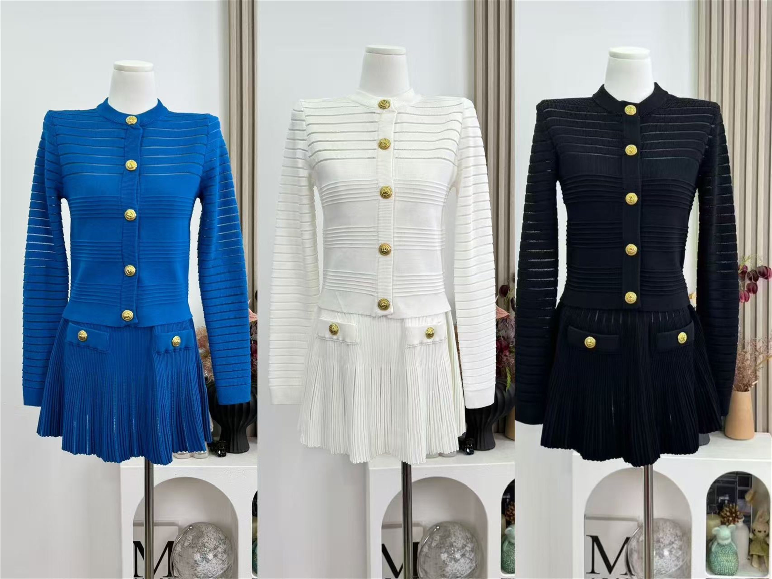 Retro Hollow Striped Knit Two-Piece Set with Gold Button Cropped Cardigan and Pleated A-Line Skirt