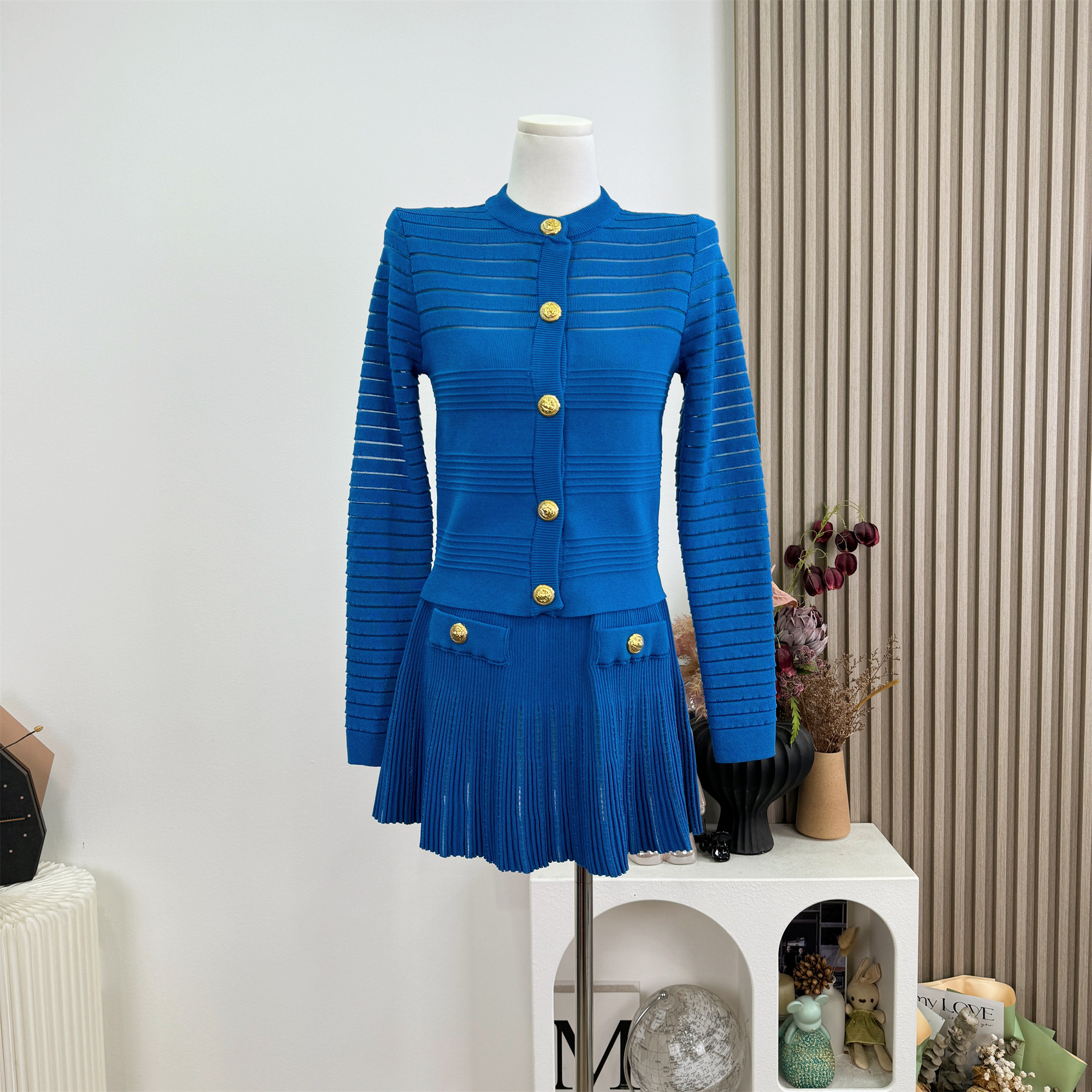 Retro Hollow Striped Knit Two-Piece Set with Gold Button Cropped Cardigan and Pleated A-Line Skirt - Image 3