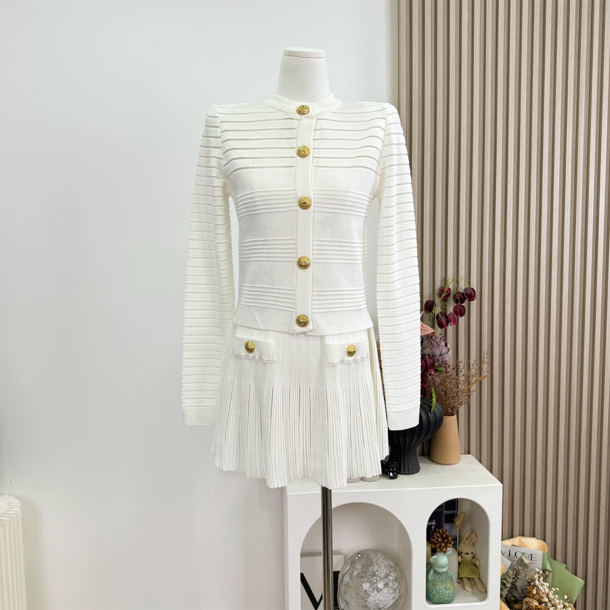 Retro Hollow Striped Knit Two-Piece Set with Gold Button Cropped Cardigan and Pleated A-Line Skirt - Image 4