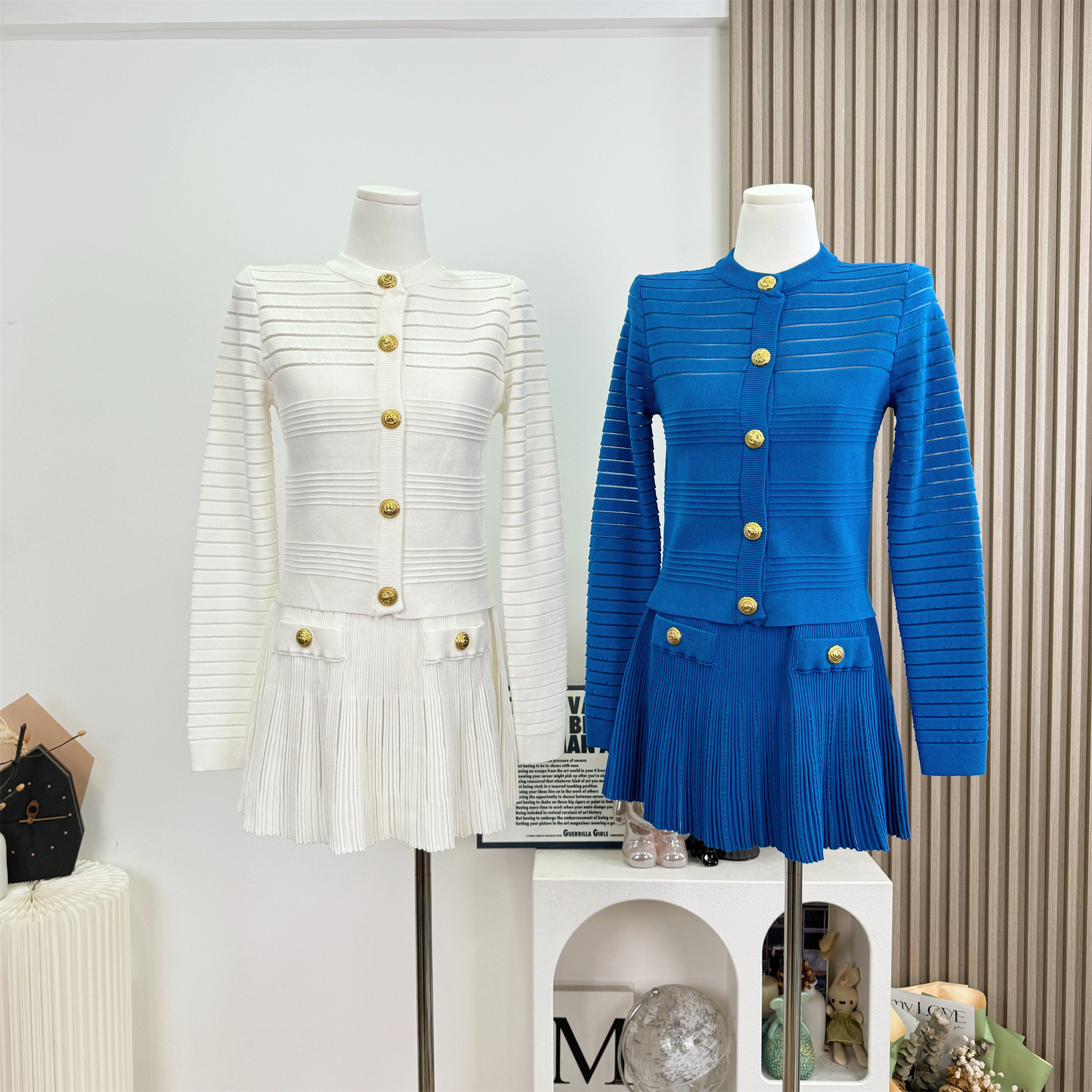 Retro Hollow Striped Knit Two-Piece Set with Gold Button Cropped Cardigan and Pleated A-Line Skirt - Image 5