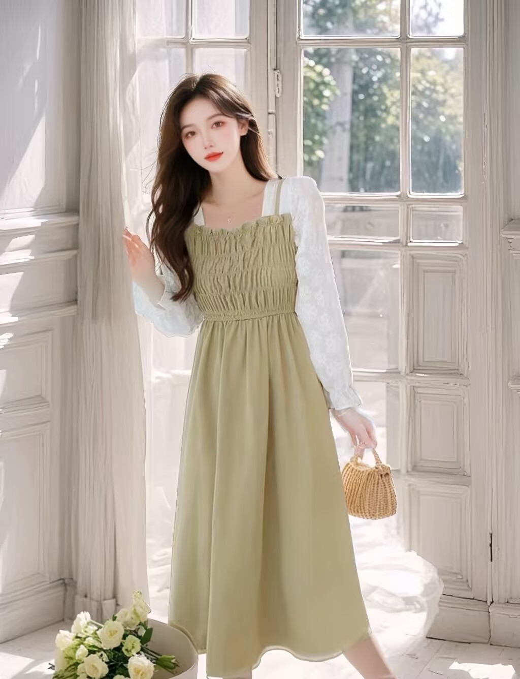 Sweet Lolita Lace Embroidered Long Sleeve Midi Dress