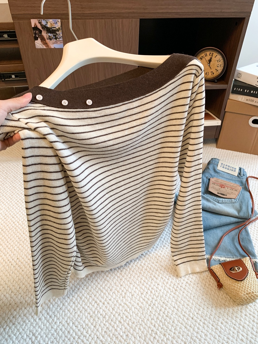 Women's Color Block Off-Shoulder Striped Long Sleeve T-Shirt Fall 2026 Side Waist Slimming Base Top