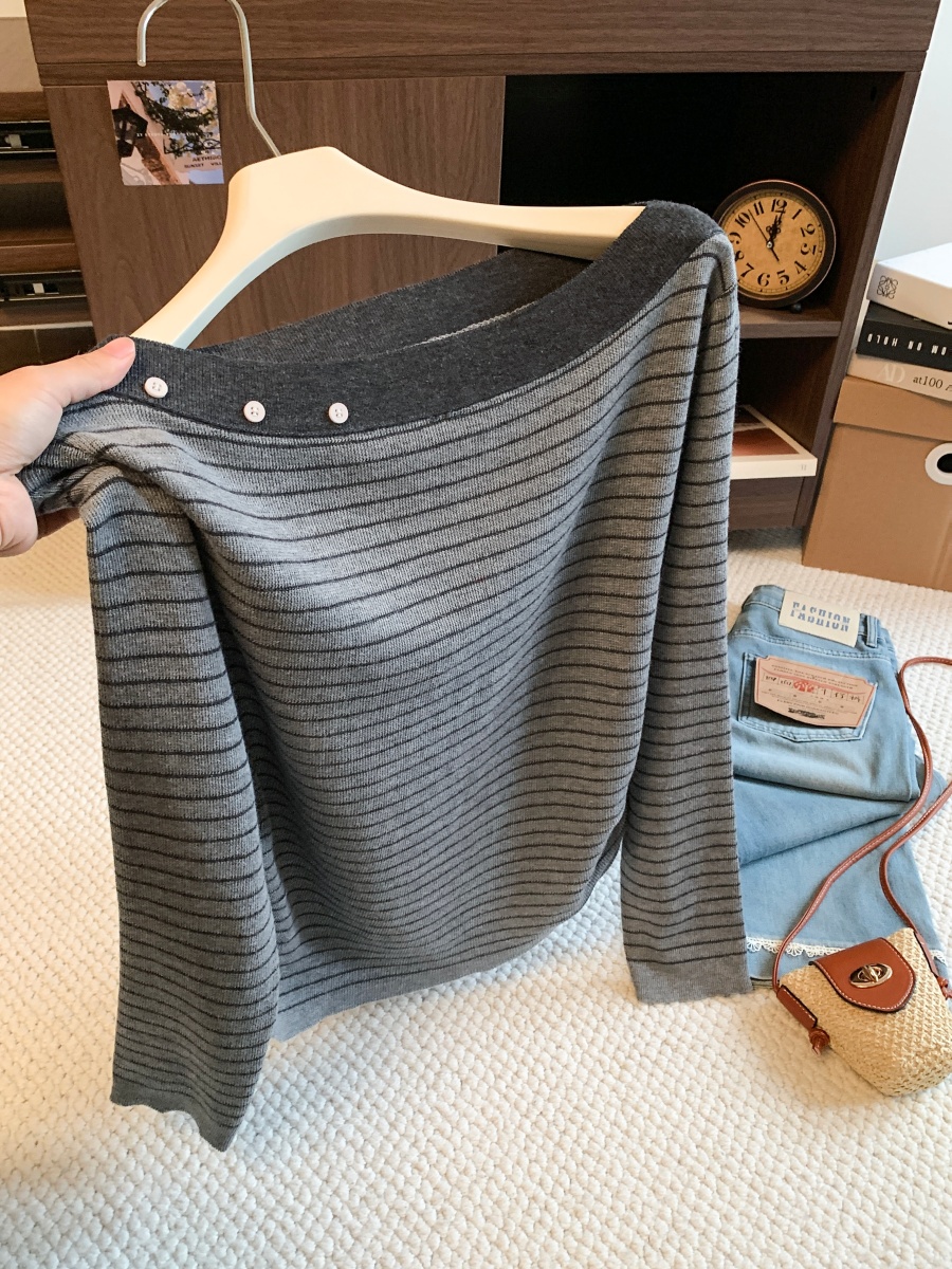 Women's Color Block Off-Shoulder Striped Long Sleeve T-Shirt Fall 2026 Side Waist Slimming Base Top - Image 3