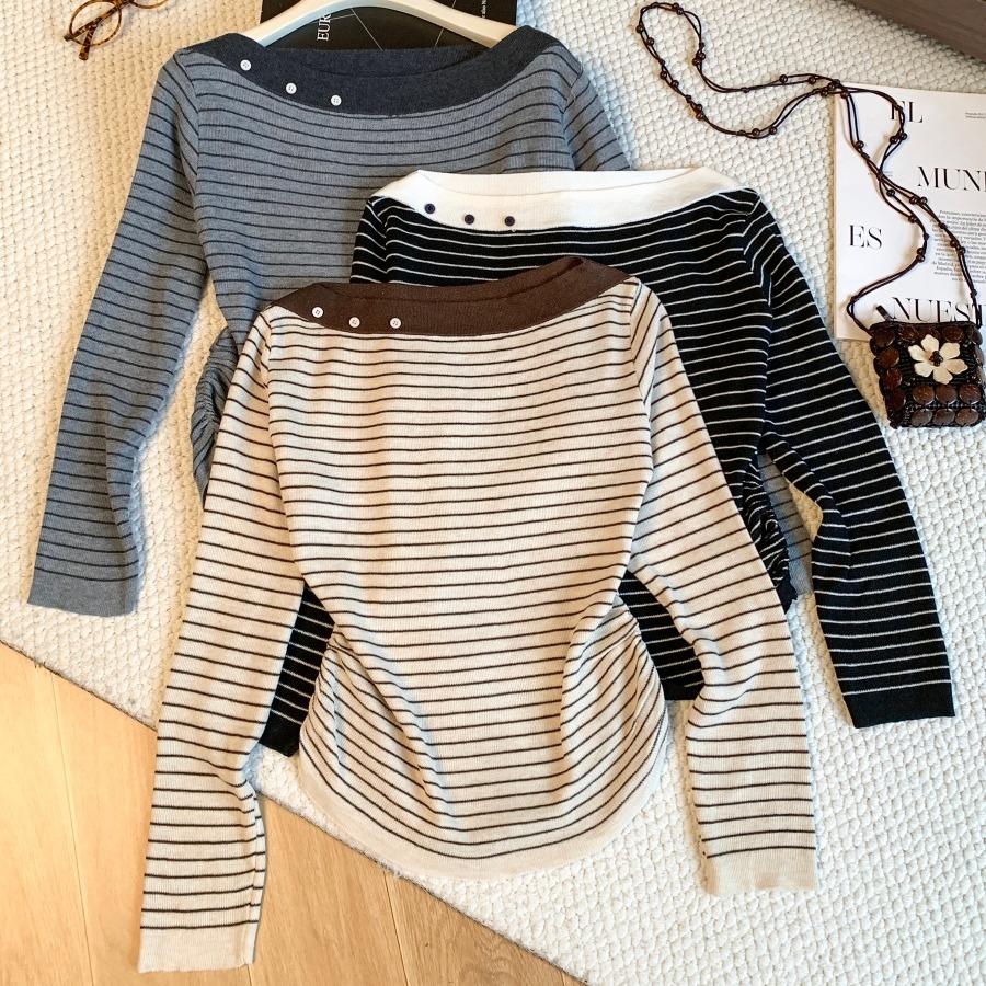 Women's Color Block Off-Shoulder Striped Long Sleeve T-Shirt Fall 2026 Side Waist Slimming Base Top - Image 5
