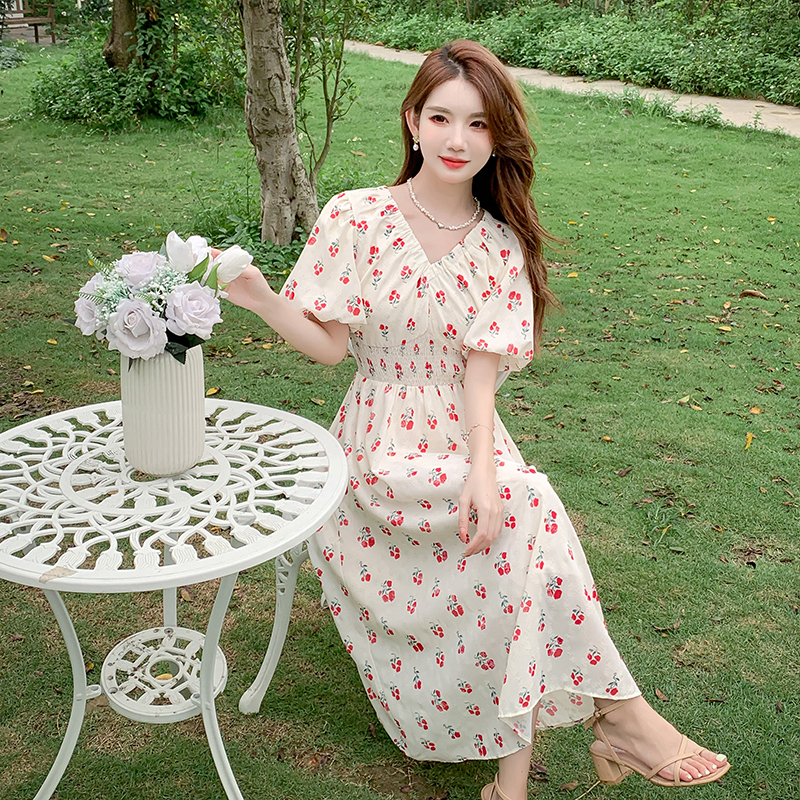 Women's Floral Print V-Neck Bubble Sleeve Midi Dress 2024 Summer