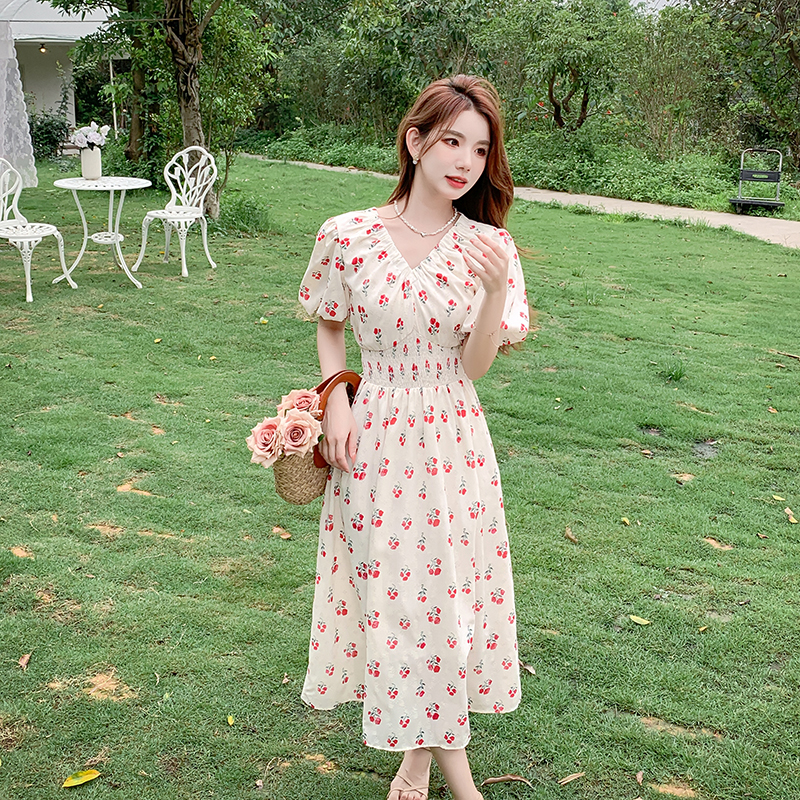 Women's Floral Print V-Neck Bubble Sleeve Midi Dress 2024 Summer - Image 3