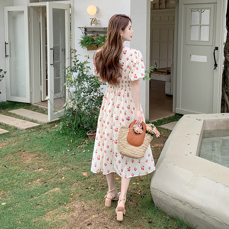 Women's Floral Print V-Neck Bubble Sleeve Midi Dress 2024 Summer - Image 4