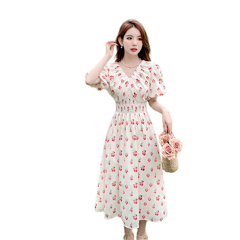 Women's Floral Print V-Neck Bubble Sleeve Midi Dress 2024 Summer - Image 5