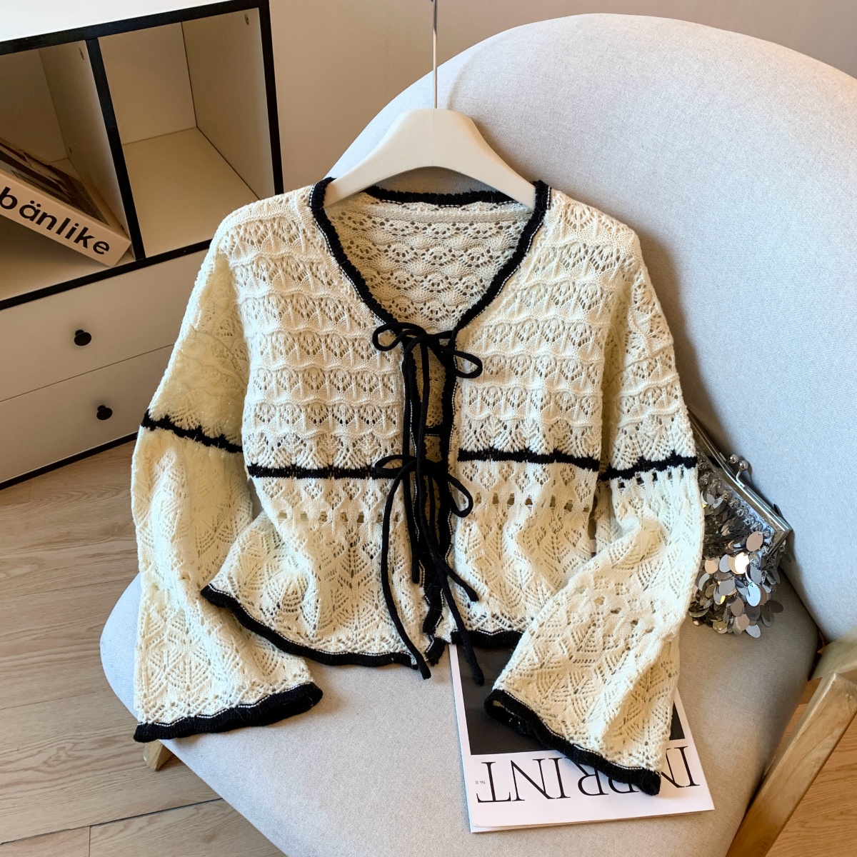 Women's French Style Short Lazy Knit Cardigan Color Block Tie Front Outerwear