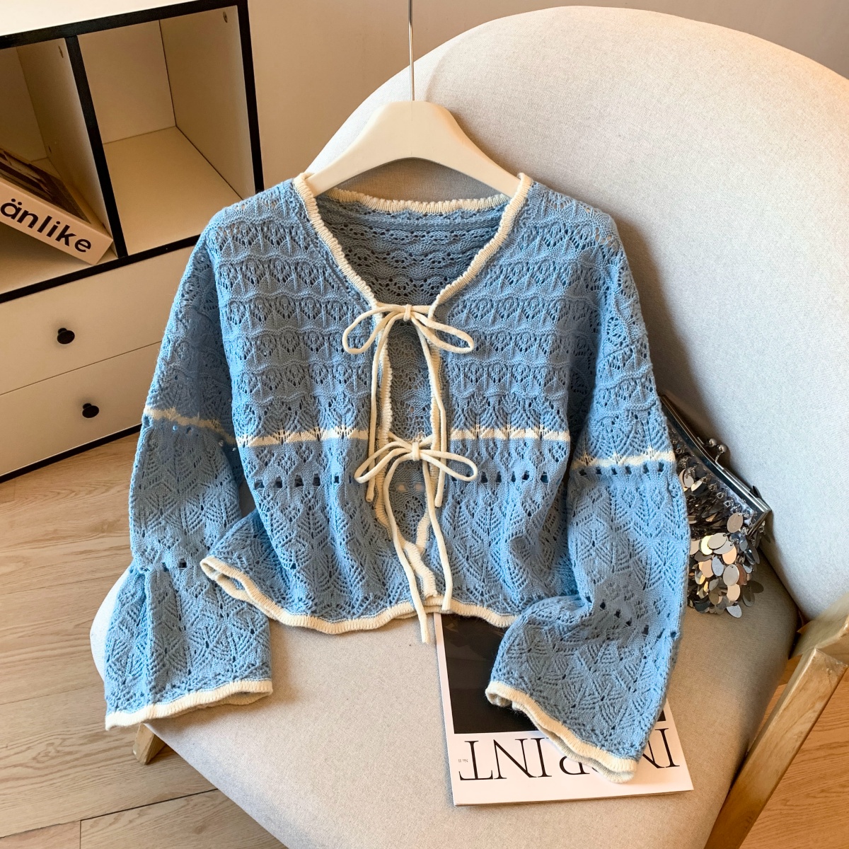 Women's French Style Short Lazy Knit Cardigan Color Block Tie Front Outerwear - Image 2