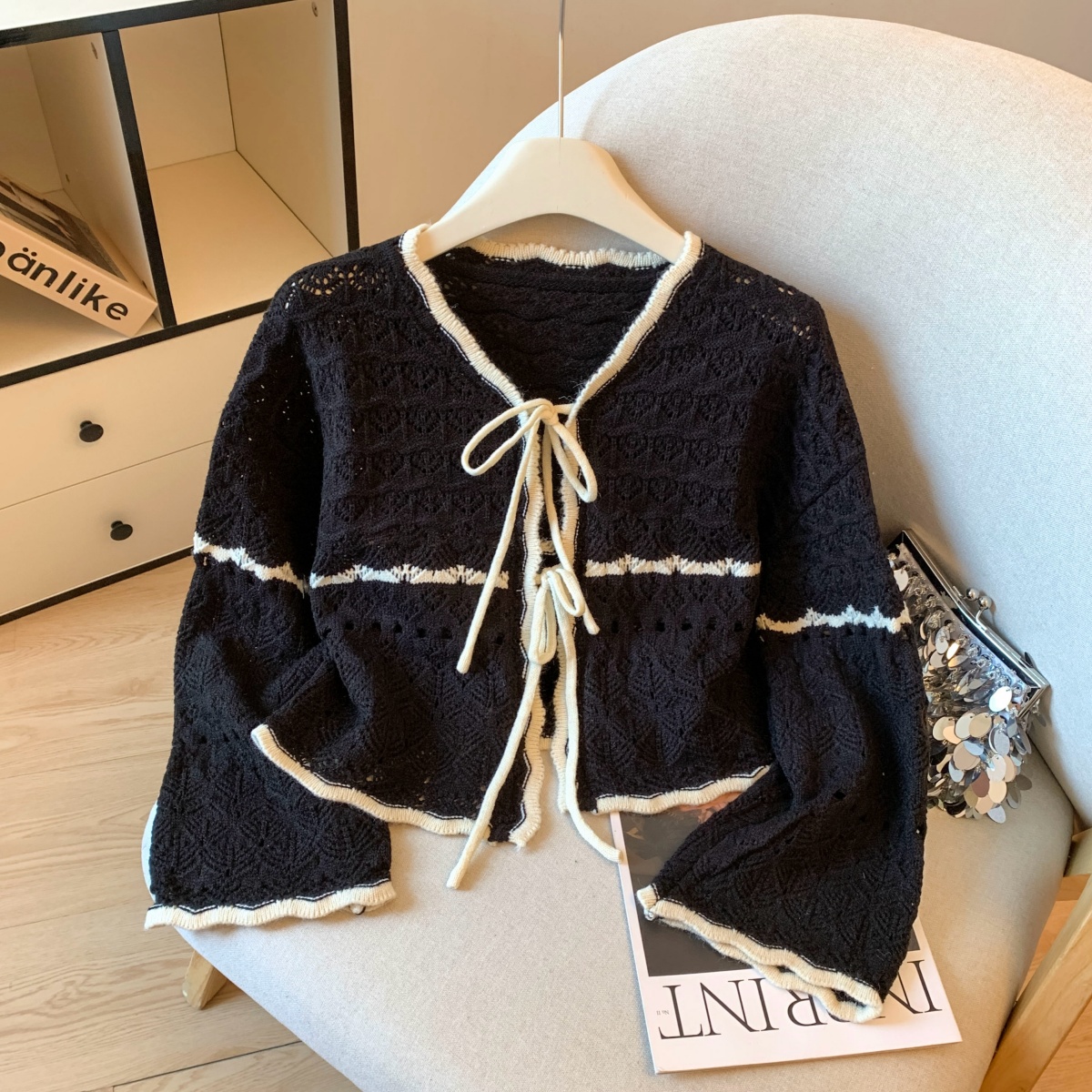 Women's French Style Short Lazy Knit Cardigan Color Block Tie Front Outerwear - Image 3