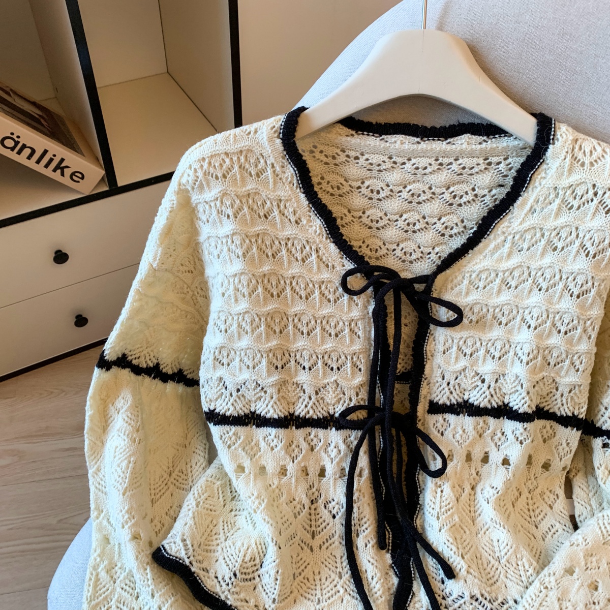 Women's French Style Short Lazy Knit Cardigan Color Block Tie Front Outerwear - Image 4