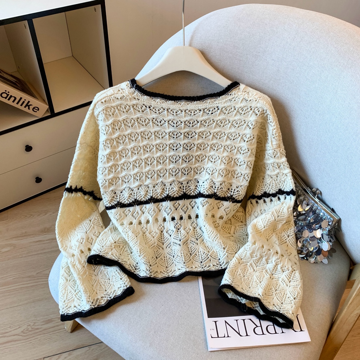 Women's French Style Short Lazy Knit Cardigan Color Block Tie Front Outerwear - Image 5