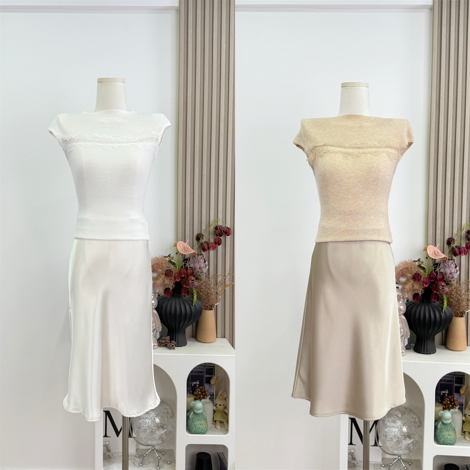 Women's Satin A-Line High Waist Short Skirt Summer Slimming Champagne Off-White