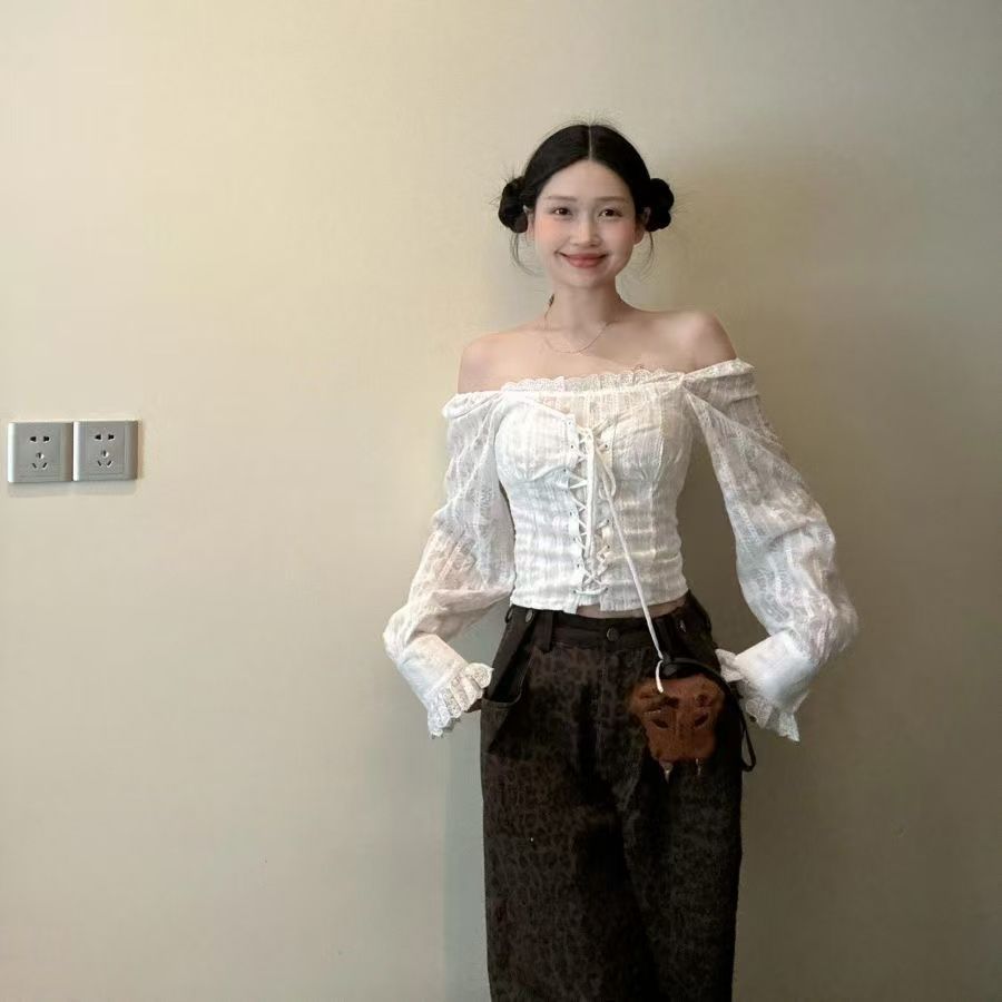 Women's Square Neck Puff Sleeve Lace-Up Waist Short Blouse with Cotton Blend Fabric and Zipper