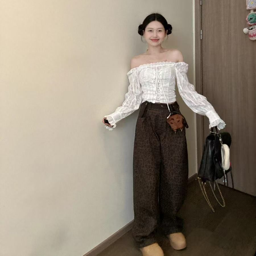 Women's Square Neck Puff Sleeve Lace-Up Waist Short Blouse with Cotton Blend Fabric and Zipper - Image 4