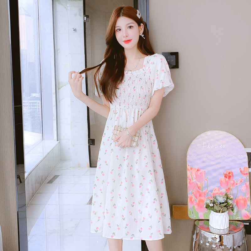Women's Summer 2025 French Style Tea Dress with Short Sleeves and Cinched Waist